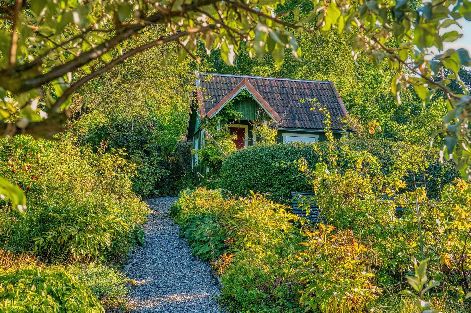 Small cottage at the end of a gravel path through a planted garden
