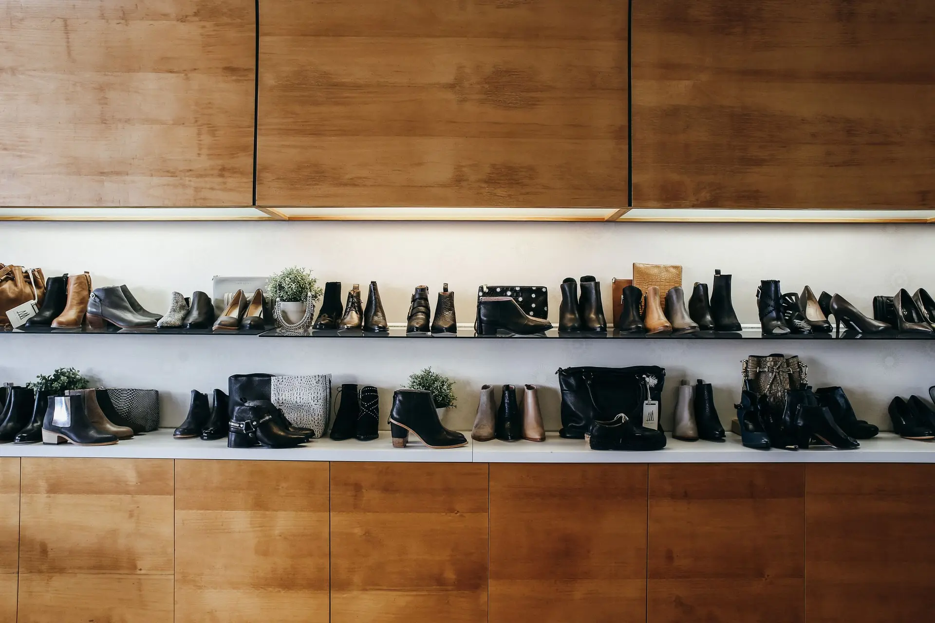 Shoes lined up on long wooden shelves in a shop